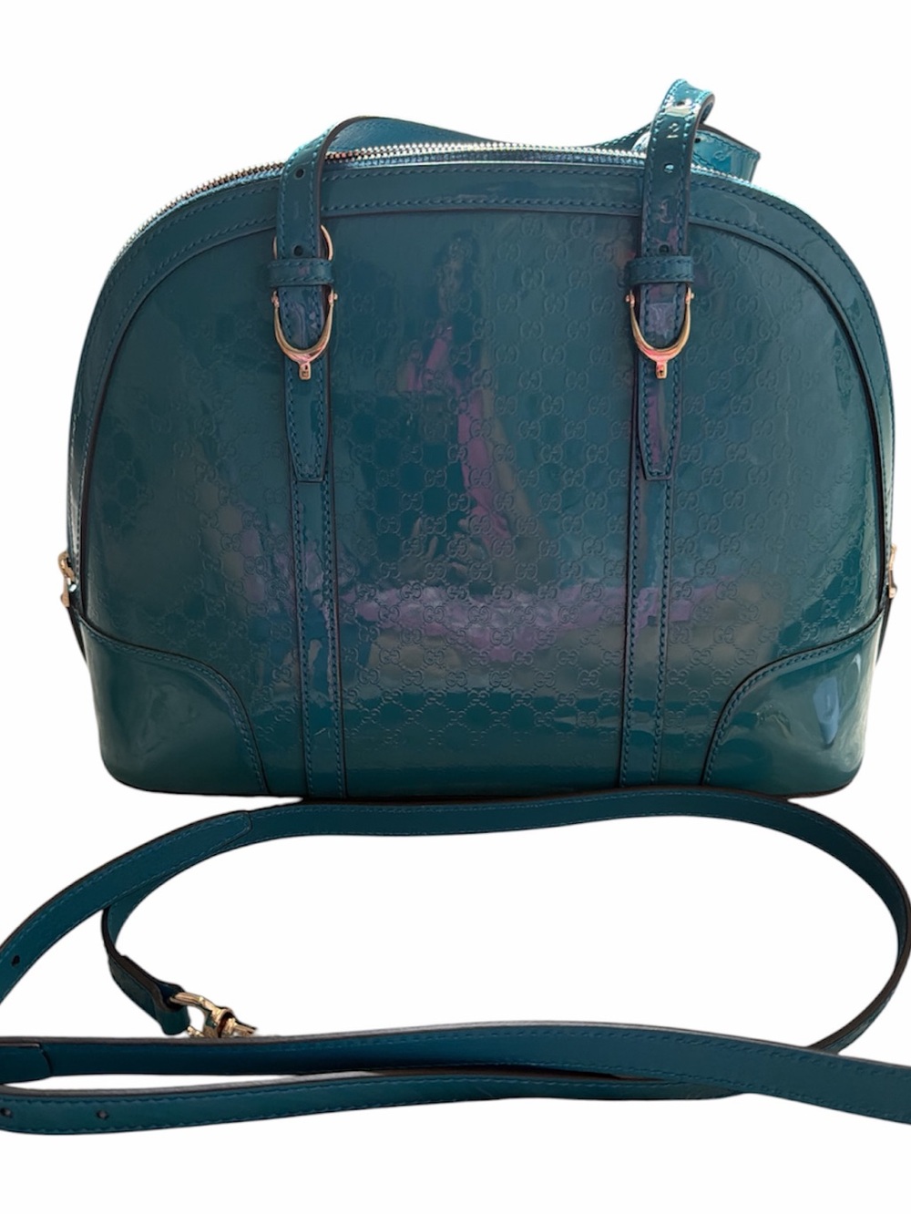 Gucci microguccicima Teal Patent Leather Dome Crossbody Bag with COA